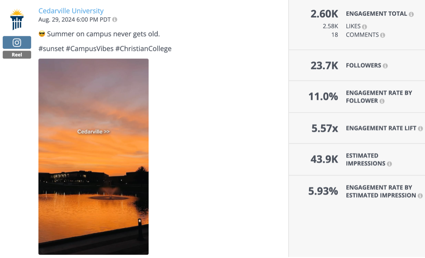 A vibrant orange and purple sunset reflects off a peaceful campus lake at Cedarville University, with buildings and a water fountain visible in silhouette.